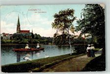 09111 O9000 Chemnitz , Sachs 1913 Gebrauchsspuren Am Schlossteich Ruderboot Schwan Frau Kirche