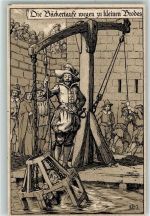 sign.Ad.J. Die Bäckertaufe wegen zu kleinen Broten Strafe Lithographie / Künstlerkarte