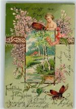 Prägedruck Maikäfer Engel Blumen Pfingsten 1904 Gebrauchsspuren