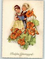 Kinder Blumen singen sign.Arends Gerda Geburtstag Künstlerkarte