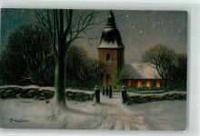 Künstlerkarte sign. Brandt Kirche Winter Mondschein