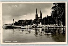 16816 O1950 Neuruppin Foto AK Dampferanlegestelle Hafen Kirche