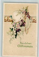 Küken Maiglöckchen Veilchen Lithographie Ostern 1916 Prägedruck