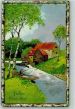 Wassermühle Angler Birke Lithographie Pfingsten 1917 Prägedruck