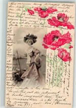 Hutmode Klatschmohn Portrait Frau Lithographie Mode 1903 Prägedruck