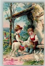 Schaf Hasen Kinder Ostereier Lithographie Ostern 1905 Prägedruck