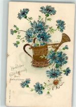 Giesskanne Kornblume Margerite Lithographie Geburtstag Prägedruck