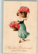 Glückwunsch Tracht Rosen Korb Lithographie Namenstag 1915 Prägedruck