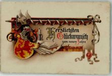 Neujahr Geflügelter Ritterhelm mit Drachenwappen Buch Kerze Siegel Wappen 1924 Prägedruck