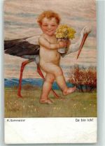 sign. Borrmeister, R. Baby mit Blumentopf Storch Künstlerkarte
