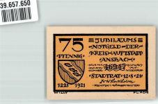 91522 W8800 Ansbach , Mittelfr 1921 Notgeldschein 75 Pfennig Nr. 46947 Der wilde Markgraf 1729