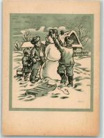 Winter Kinder Schlitten Schneemann Künstlerkarte
