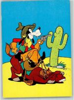 Goofy zielt auf einem lachenden Pferd sitzend in der Wüste mit einer Pistole auf einen Kaktus Cowboy Pferd Seidel Verlag S4 Walt Disney