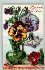 mit Glimmer/Glitzerauflage Stiefmütterchen Rose Blumenvase 1909 Prägedruck
