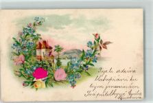 mit Echtstoffaplikation Rosen Lithographie Vergissmeinnicht 1901 Prägedruck