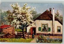 Blühender Obstbaum und Bauerngarten vor einem Bauernhaus Verlag Onno Behrends Gerstenhauer, J. G. 1914 Künstlerkarte