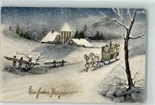 Verlag HWB Serie 181 Neujahr Kirche es schneit Postkutsche 1912 Künstlerkarte