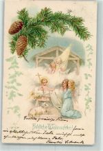 Engel Jesuskind Lamm Lithographie Weihnachten 1902 Prägedruck