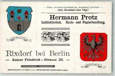 W1000 Rixdorf Czernowitz und Frankfurt Werbung Leihbibliothek Hermann Protz Wappen KEINE AK