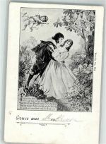 Frau Paar Spruch Amor 1900 Lithographie