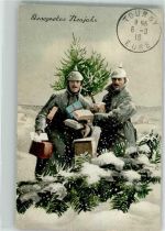 Tourny Landser in Uniform mit Tannenbaum und Geschenkpäckchen Winter Ort lt. Feldpoststempel Weihnacht im Feld WK I 1916 Gebrauchsspuren
