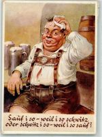 Bayer in Lederhose schwitzt vom saufen Verlag Lengauer Nr. 3062 Hüttenstempel Oktoberfest Notopfermarke Trinker Künstlerkarte