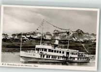 Fahrgastschiff MS Ravensburg vor Schweizer Alpenpanorama Notopfermarke Bodenseeschiff Foto AK