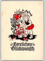 sign. Gräbler Mädchen Herz Blumen Pilz Glückwunsch Künstlerkarte