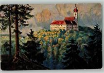 Andechs Kloster 1907 Künstlerkarte Benediktinerkloster über dunklen Wäldern