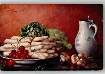 Stilleben mit Spargel Artischocken Kirschen Pilzen und Weinkrug Billing, M. Künstlerkarte