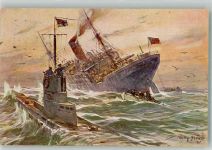 sign. Stöwer Willy Vernichtung eines engl. Handelsdampfers U-Boot 1915 Künstlerkarte