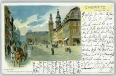 09111 O9000 Chemnitz , Sachs - Zeichnung Hauptmarkt, Pferdekutsche, Strassenbahn