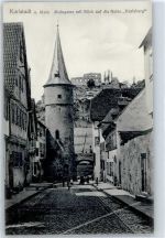 97753 W8782 Karlstadt , Main Gebrauchsspuren Maingasse, Maintor, Blick auf Ruine Kalsburg