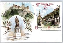 5020 Salzburg Lithographie Denkmal Mouart Burg Kirche
