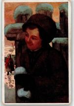 Frau wartet auf Kind Schnee sign. Berla, J.X. Künstler Künstlerkarte