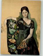 sign. Picasso Portrait von Olga mit Fächer in einem Sessel Künstler Künstlerkarte