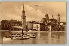 94032 W8390 Passau 1908 - Raddampfer unterhalb von Dom St. Stephan und Rathaus