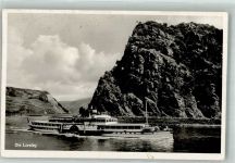 W5421 Loreley Raddampfer unterhalb des berühmten felsens Rheinschiff Foto AK