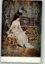 sign. Koch Elegante junge Frau gedankenverloren im herrschaftlichen Salon Mode L & P 2634 Holzverarbeitung 1917 Künstlerkarte