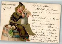 W8000 München Prägedruck Das Kindl mit Radi und einem Bierkrug Künstlerkarte Münchner Kindl 1906 Gebrauchsspuren