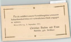 W8660 Münchberg , Oberfr Dankesschreiben Hochzeit 1911 Prägedruck