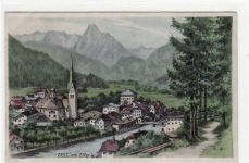 Zell am Ziller, Künstlerkarte mit Gesamtansicht ungelaufen Ecken mit Albumabdrücken, sonst gut erhalten