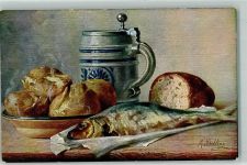 Fisch Brot Kartoffeln Bierkrug AK Billing, M.