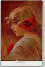Frau hat Mohnblumen im Haar signiert AK Künstler sign. 1917