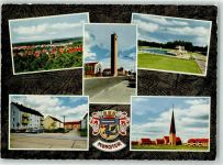 29633 W3042 Munster , Örtze Foto AK Kirche Schwimmbad Auto Wappen