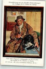 sign. Groeber H. Tyroler Jäger Münsterländer Pfeife Teubner Künstlersteindruck