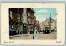 Cardiff 1909 Gebrauchsspuren Straßenbahn Geschäft Queen Street