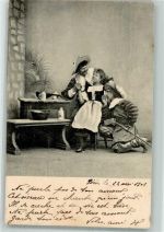 Zwei Landsknechte im Wirtshaus bemühen sich um eine junge Frau Stempel Commissariat Federal des Guerres Soldatenliebe 1903