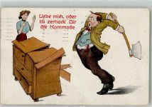 Mann zerhackt aus Liebeskummer mit einer Axt die Kommode Neujahr WSSB No. 172 Humor 1921 Künstlerkarte