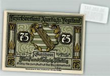08209 O9700 Auerbach , Vogtl 1921 Notgeldschein Gutschein über 75 Pfennig Stadtwappen Scherenschnitt Landvogt mit Kloß und Köchin von Hans Kinder